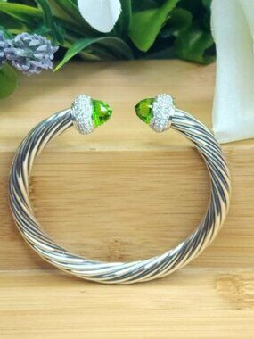 David Yurman 925 Silver Candy Diamond & Peridot 7mm Cable Bracelet - FCM173